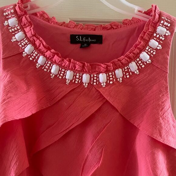 NWT S. L. Fashions Peach layered ruffles dress white beaded neck line dr… - Picture 3 of 8